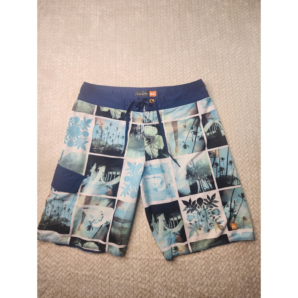 Quiksilver Mens Board Shorts Swim Trunks Blue Floral Beach Surf Size Large‎